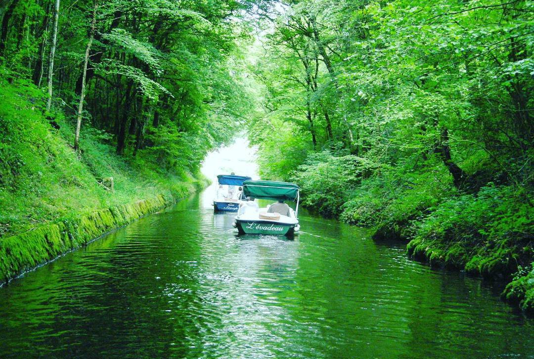 Deux bateaux électriques remontant la rivière de Crach